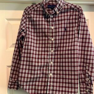 Ralph Lauren boys red and green plaid button-up, size 10-12. Great condition!